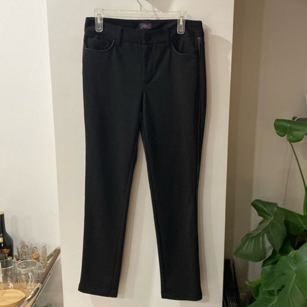 NYDJ lift tuck skinny trouser black leather trim 6 pants stretch tuxedo stripe